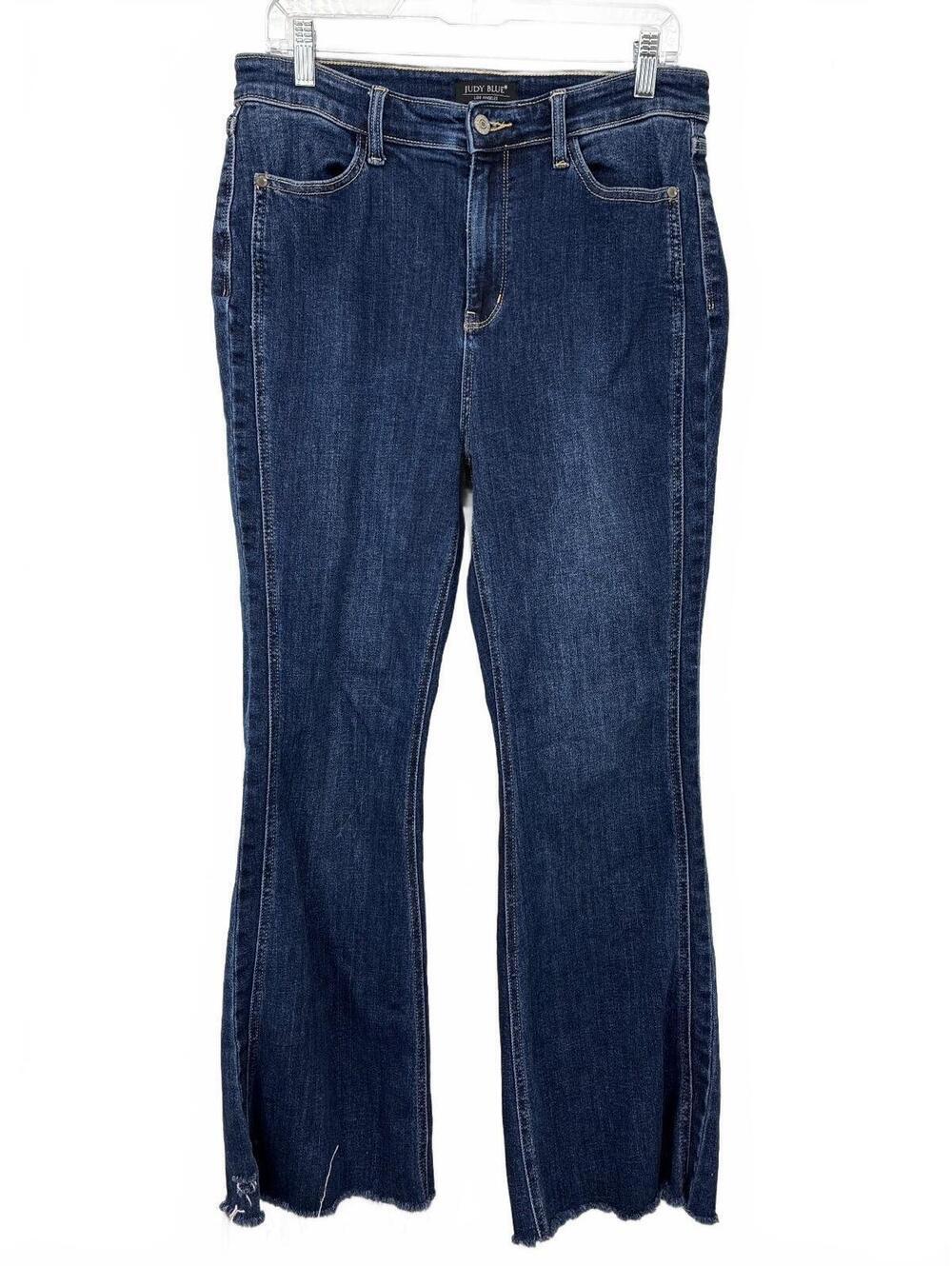 Judy Blue Flare Jeans Size 13/31 Dark Blue Wash Denim Frayed Bottom Size 13/31